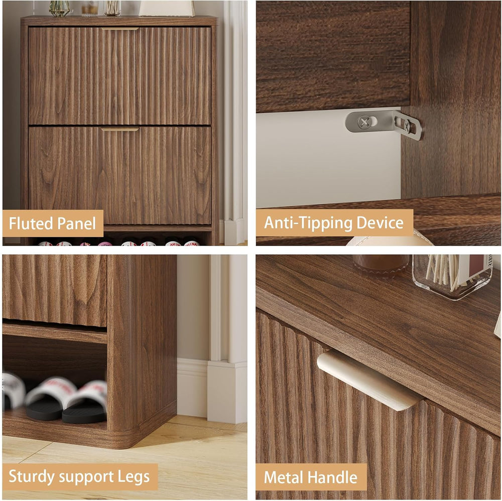 Fluted Shoe Cabinet Storage with 2 Flip Drawers, Narrow Shoe Storage Organize...