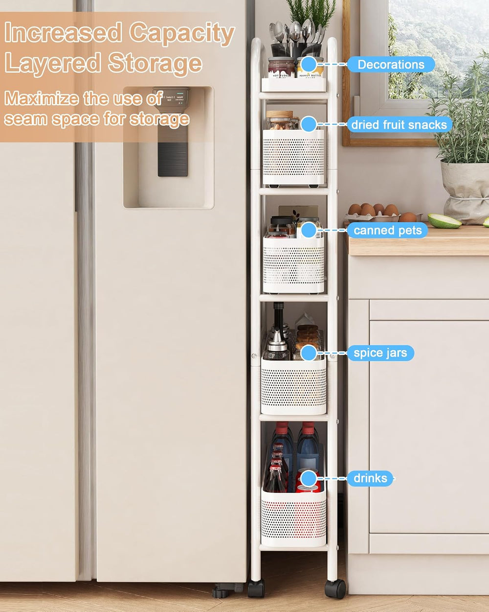 UMDONX 5-Tier Narrow Mobile Storage Cart with Pull-Out Baskets
