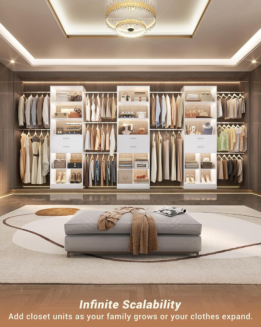 Besiost Small Closet System 3.2-6.8FT Closet Organizer with Wooden Drawers