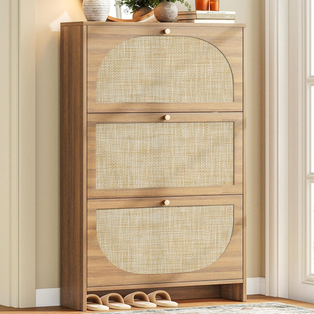 Nicetree Rattan Arched Accent Shoe Storage Cabinet - Freestanding Ultra Slim ...