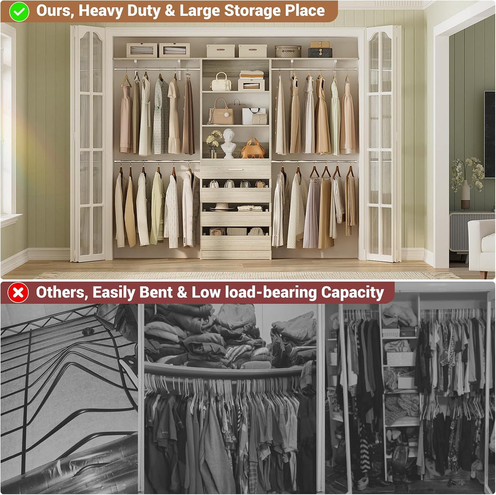 Aheaplus Closet System with 4 Drawers, 8FT Wood Closet Organizer System
