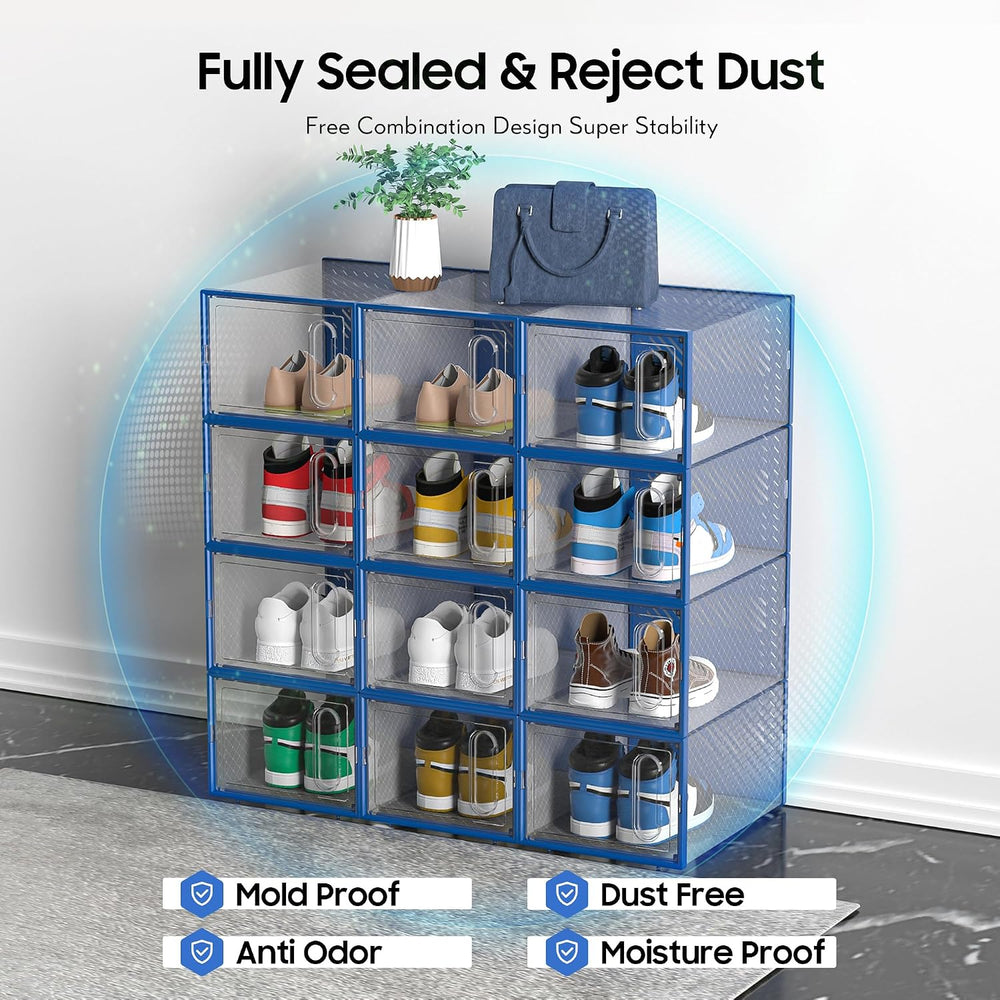 eWonLife Large Shoe Organizer Storage Box with Magnetic Door,12 Pack Clear Pl...
