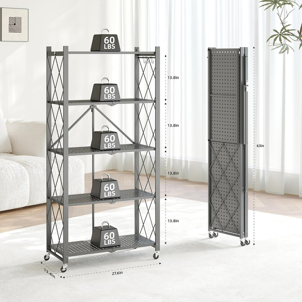 Fenbeli Foldable Shelves with Wheels - 5 Tier Folding Shelf, Collapsible No A...