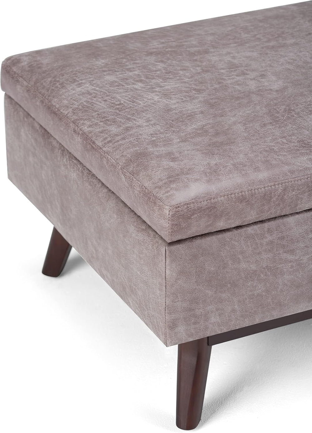 SIMPLIHOME Owen 34" Wide Vegan Leather Lift Top Ottoman in Grey Taupe