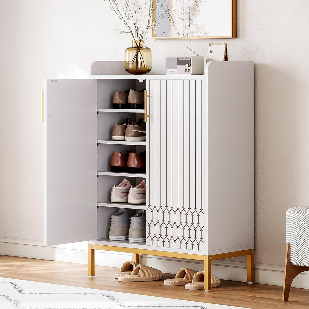 5-Tier Shoe Cabinet with Carved Lines Doors, Large Wooden Shoe Storage Cabine...