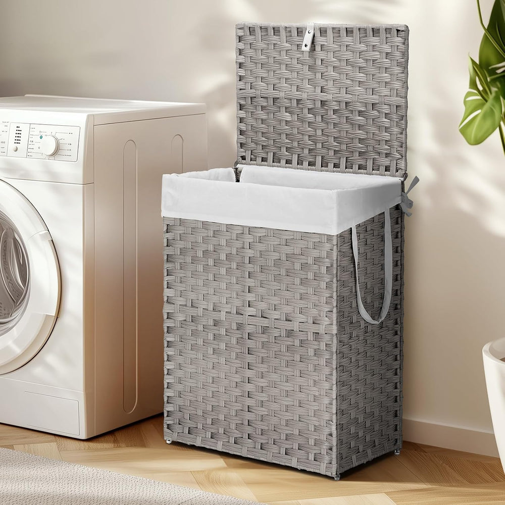 90L Laundry Hamper with Lid, Hand-Woven Pp Rattan Laundry Basket with Compart...