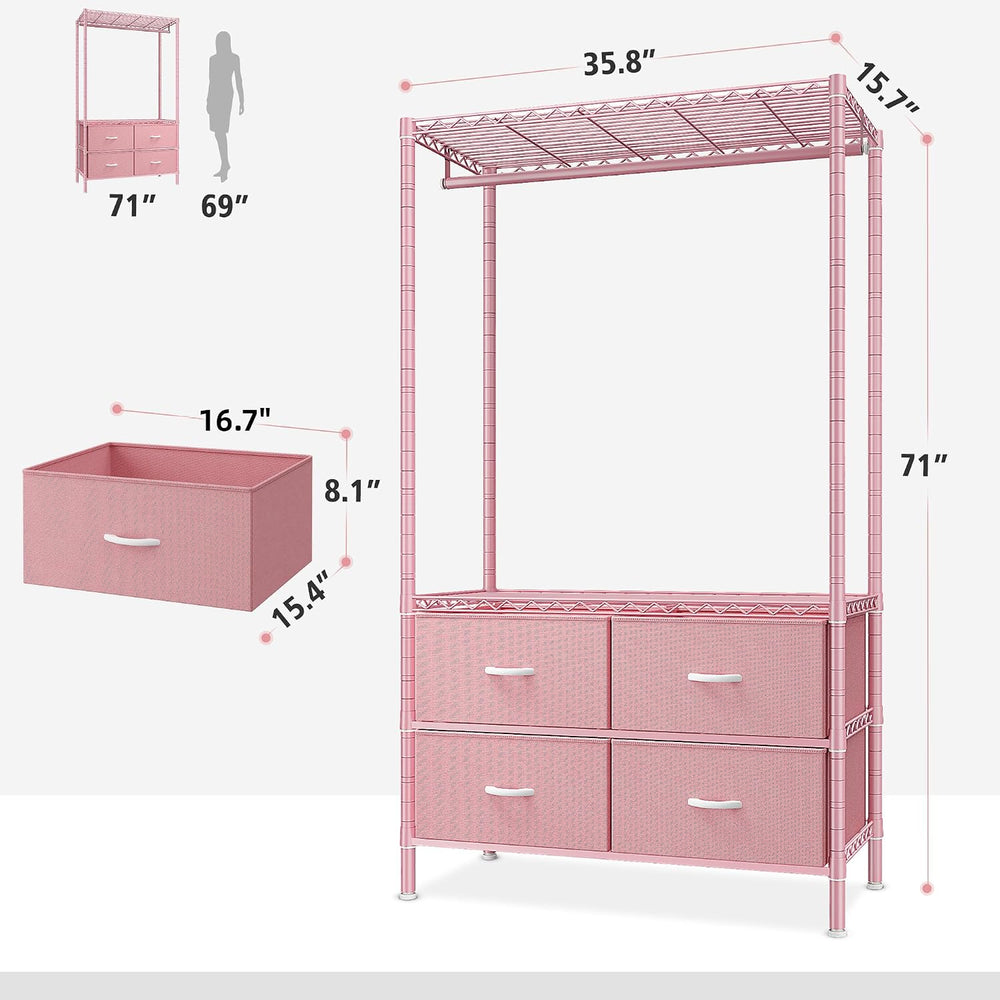 Raybee Clothes Rack, Portable Closet for Bedroom, Dorm, 4 Drawers, Pink