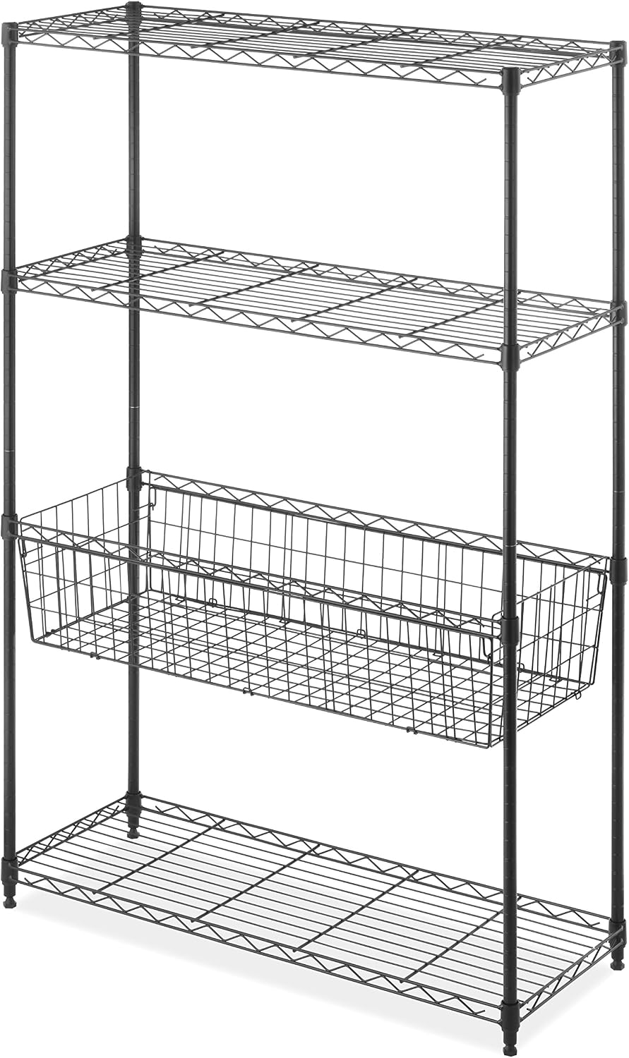 Whitmor 4-Wire Shelving Unit, Metal Storage Shelves with Basket, Easy Assembl...