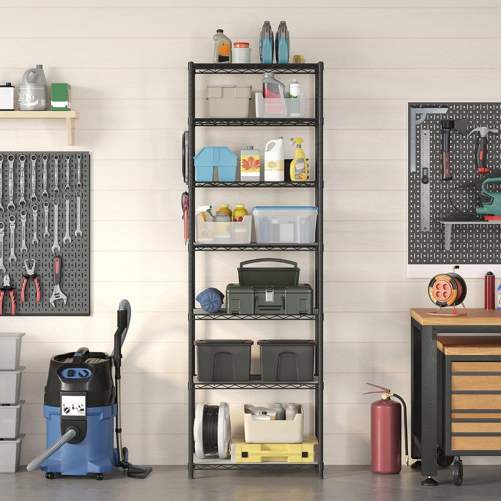 SONGMICS 7-Tier Storage Shelves, Adjustable Wire Shelving Unit, 8 Hooks