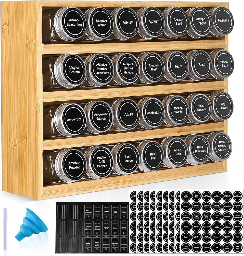 Bamboo Spice Rack Organizer With 28 Glass Spice Jars 4 oz, for Countertop