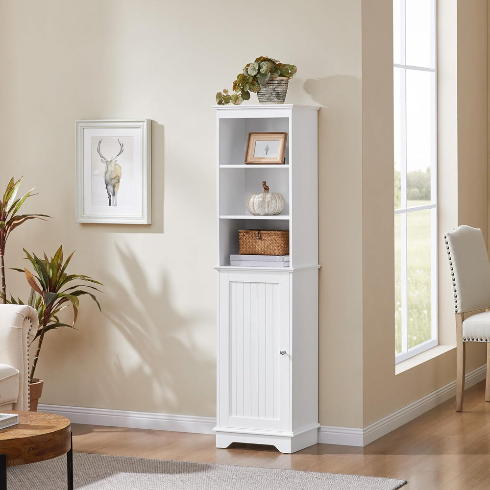 Yaheetech Tall Narrow Bathroom Storage Cabinet with Door and Shelves, White