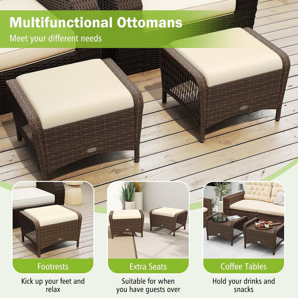 RELAX4LIFE 2-Piece Wicker Outdoor Ottoman - Rattan Footstools w/Removable Cus...