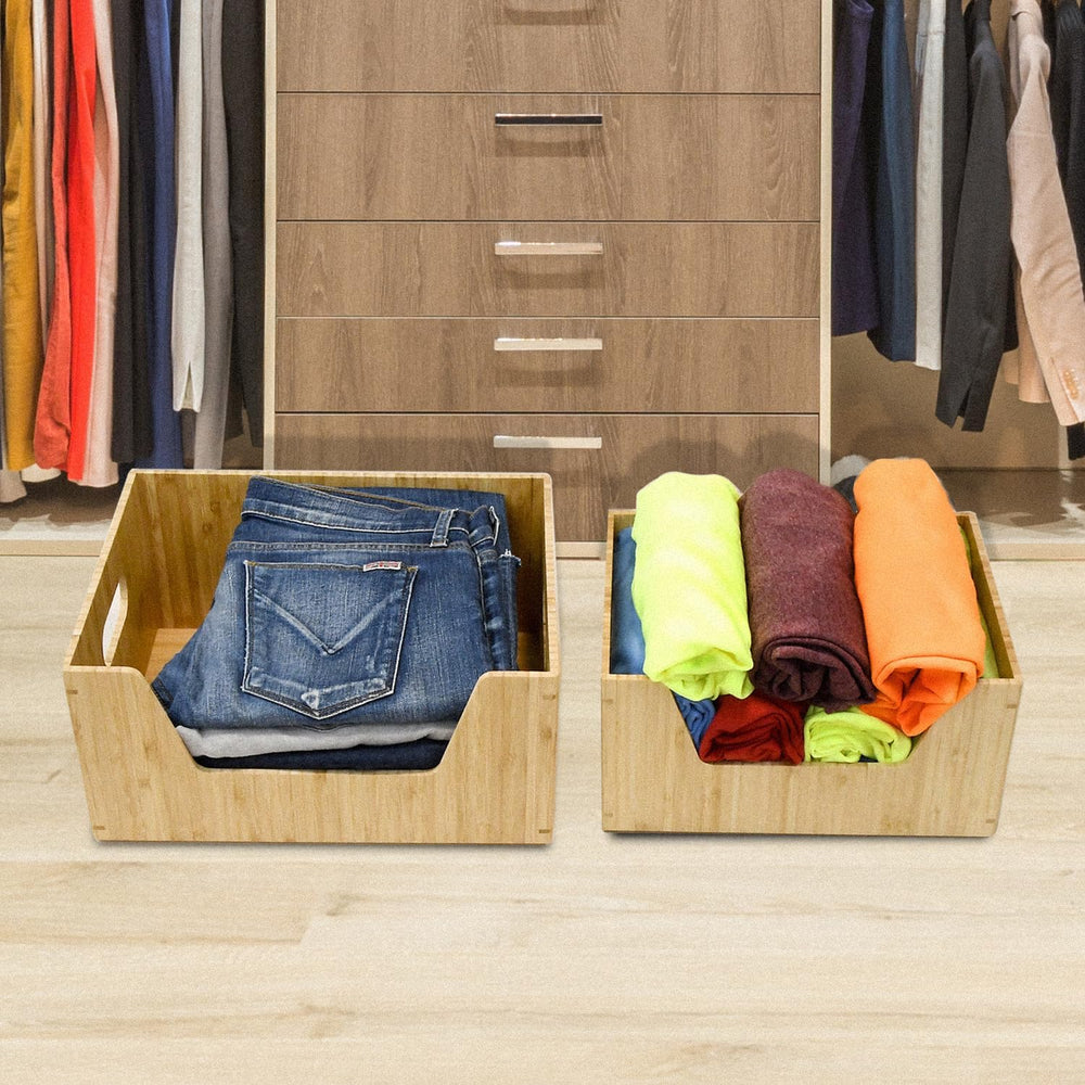 MobileVision Bamboo Storage Box with Open Front Stackable Bin Organizer to us...