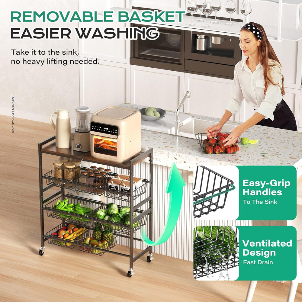4-Tier Utility Kitchen Cart with Wood Top, 29" W Kitchen Storage Cart wi...