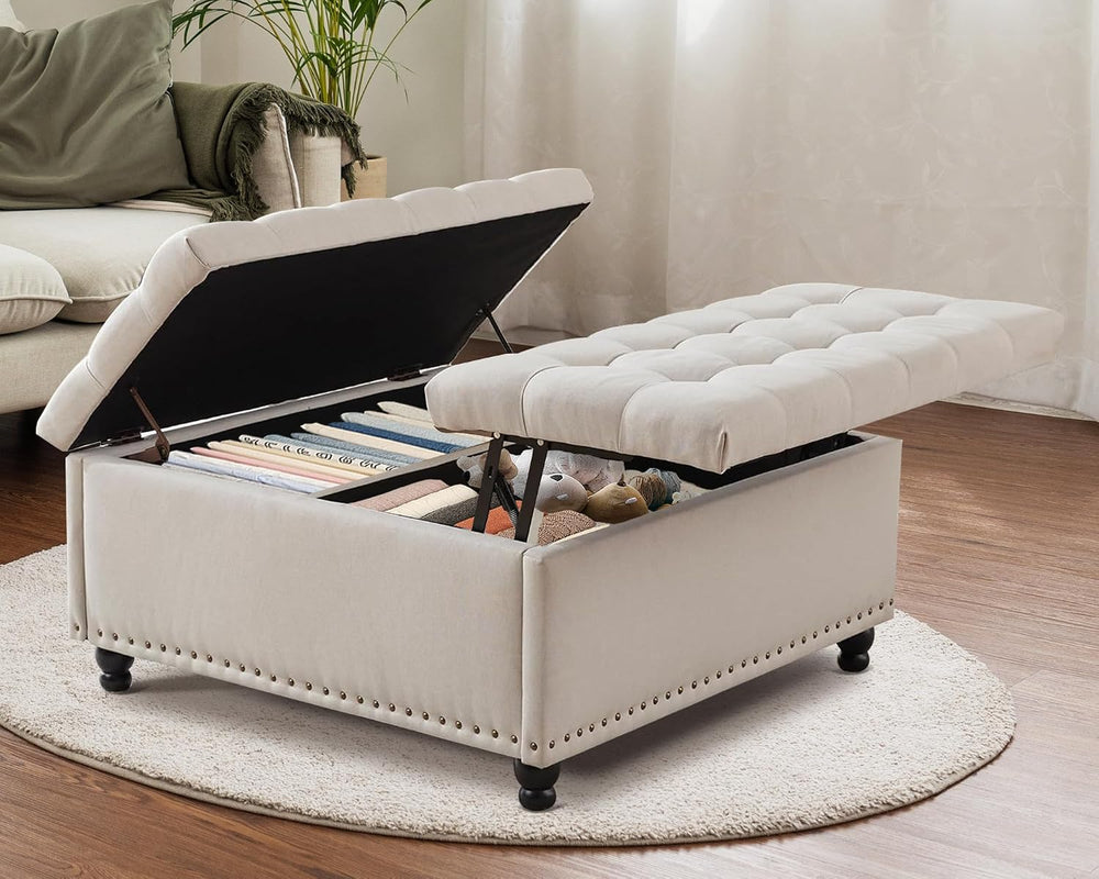 Grepatio 35.5" Large Square Storage Ottoman, Lift Top Ottoman Square Ben...