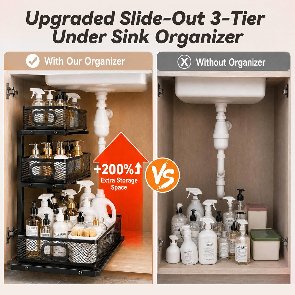 3-Tier Under Sink Organizer 2-Pack Organization for Bathroom Kitchen,Black