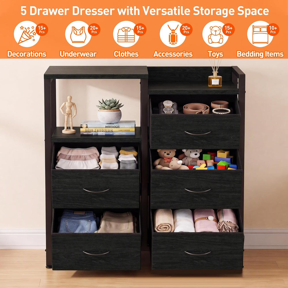 Furnulem Black Dresser for Bedroom, 5 Drawer Small Fabric Closet Dresser