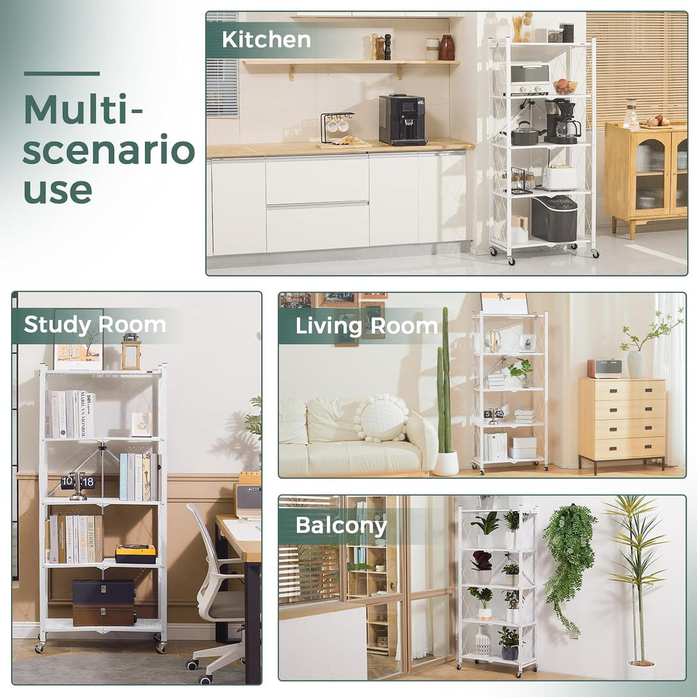 DEANIC 5 Tier Foldable Storage Shelves with Wheels, Large Capacity Shelving U...