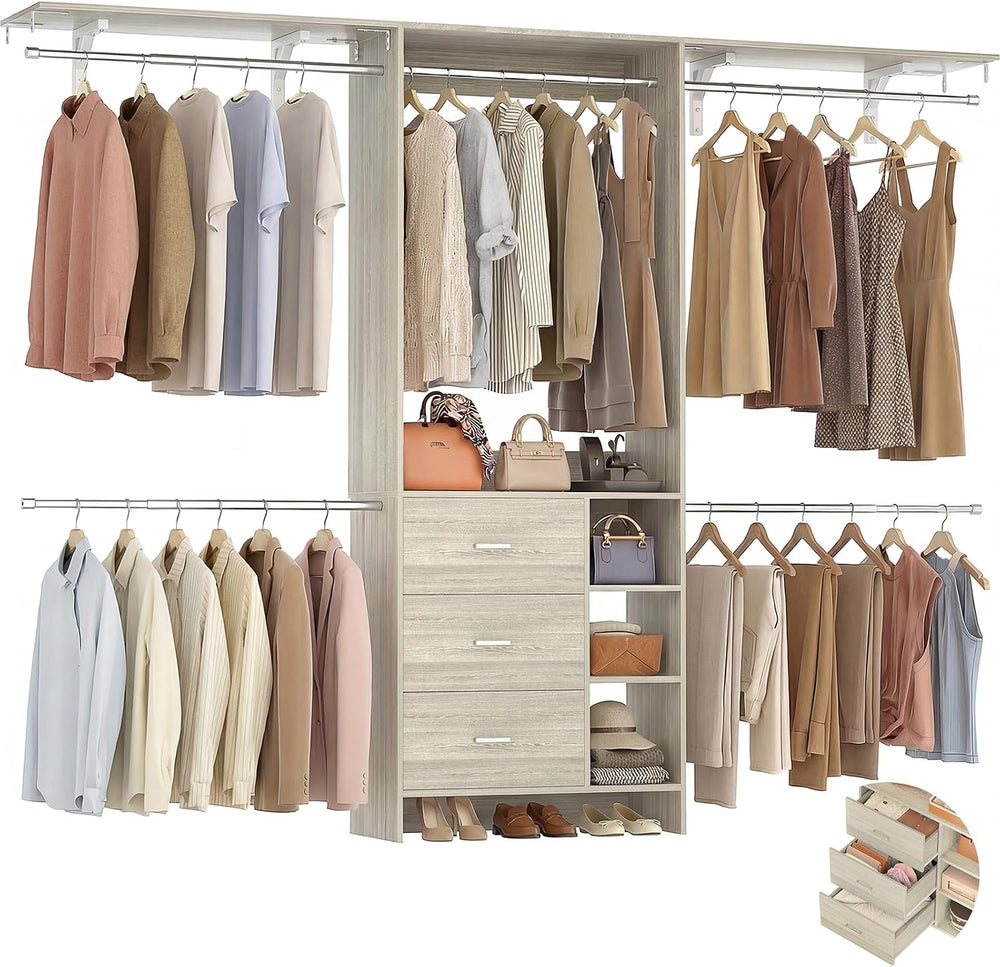 Aheaplus Closet System - 8FT Organizer with 3 Wooden Drawers, Fits 5.3-9 ft W...