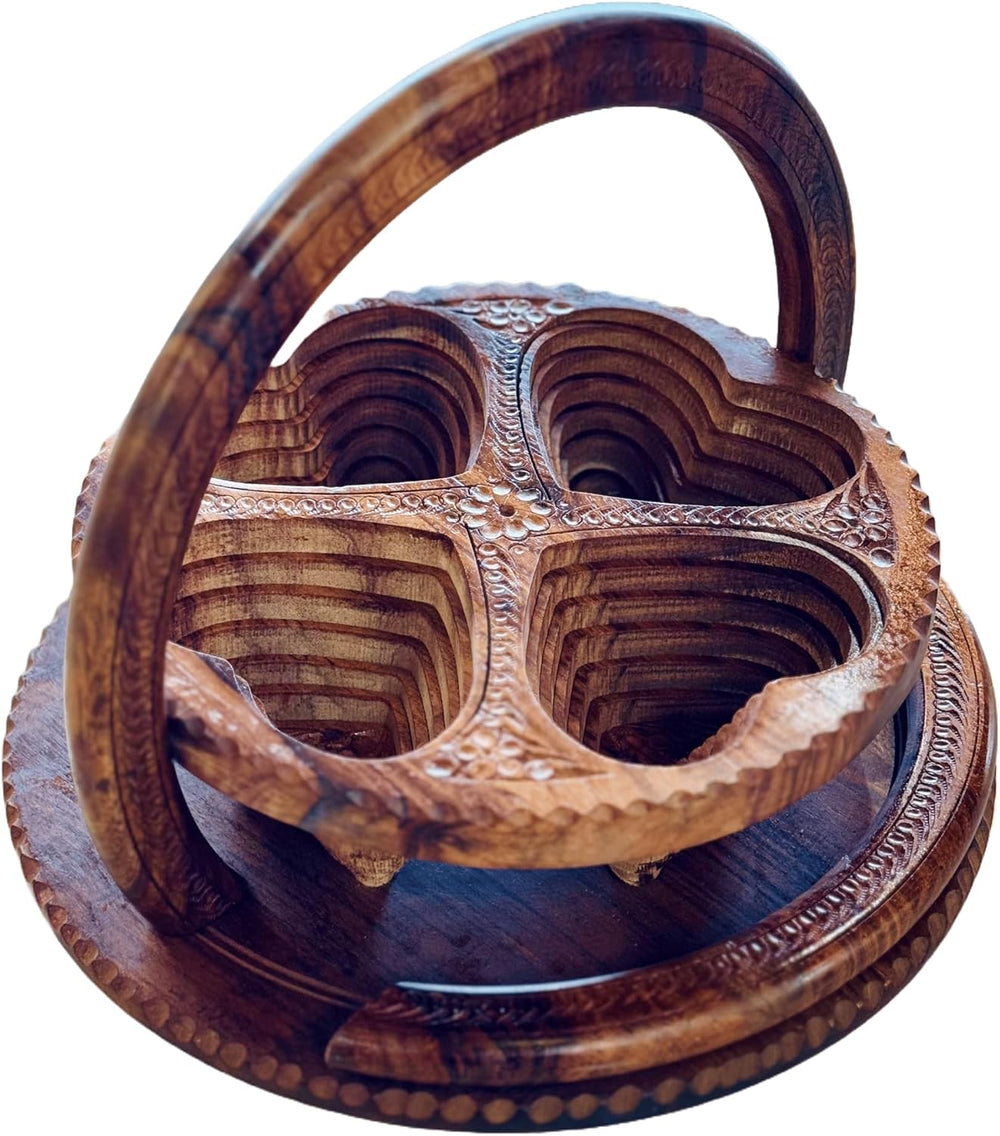 Handmade 12″ Collapsible Wooden Basket, 4-Compartment Heart Design in Himalay...