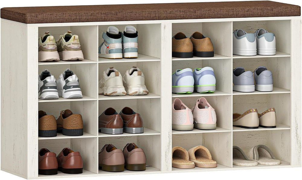 Hzuaneri Shoe Storage Bench with Cushion, Entryway 16-Cubby Shoe Rack