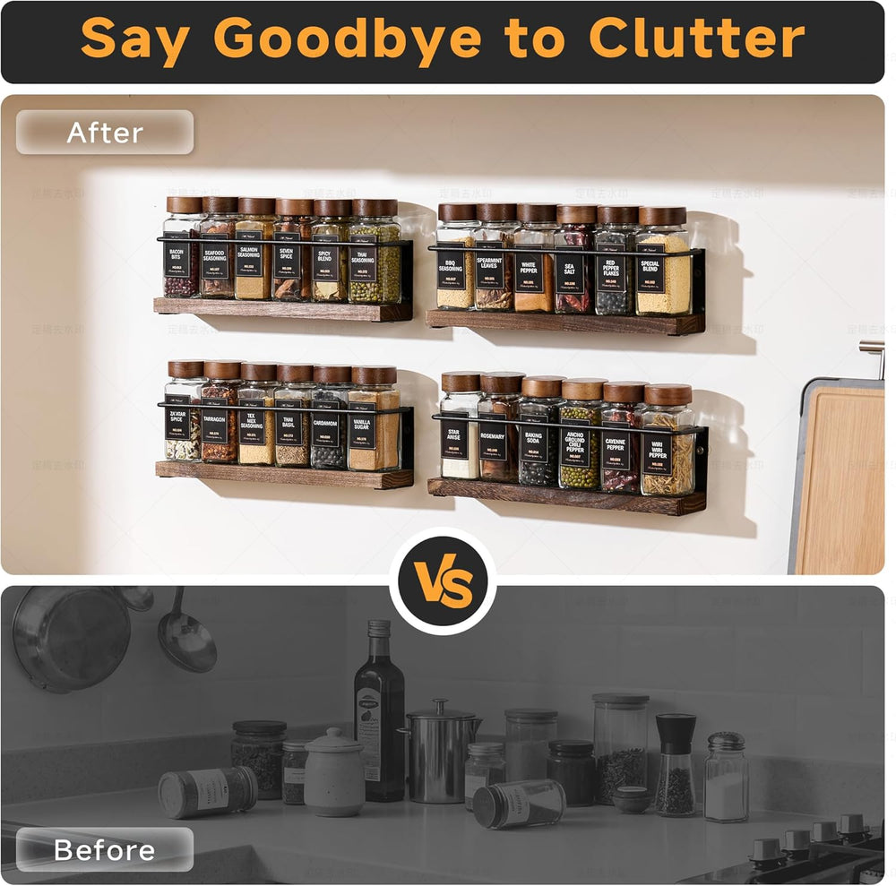 4-Tier Wall Mount Spice Rack Organizer with 24 Glass Jars, 216 Labels & F...