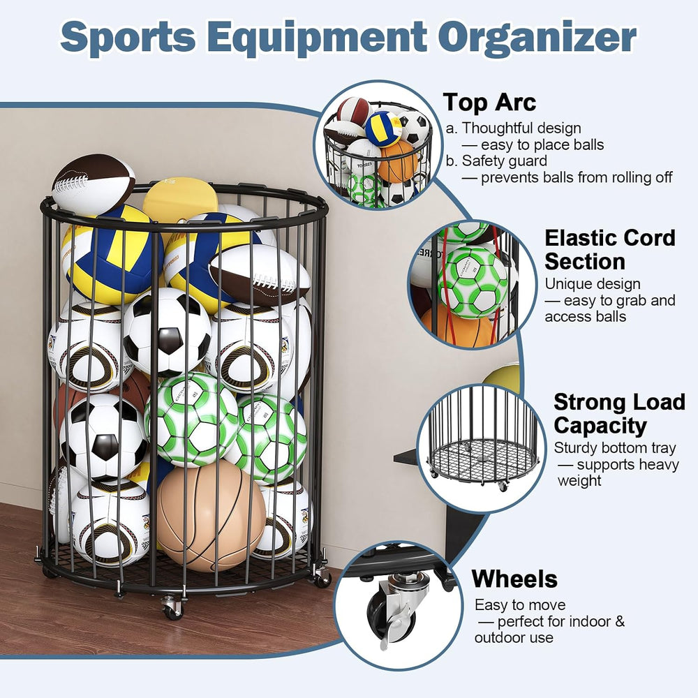 Hencawima Garage Ball Storage: Round Sports Equipment Organizer with Wheels, ...