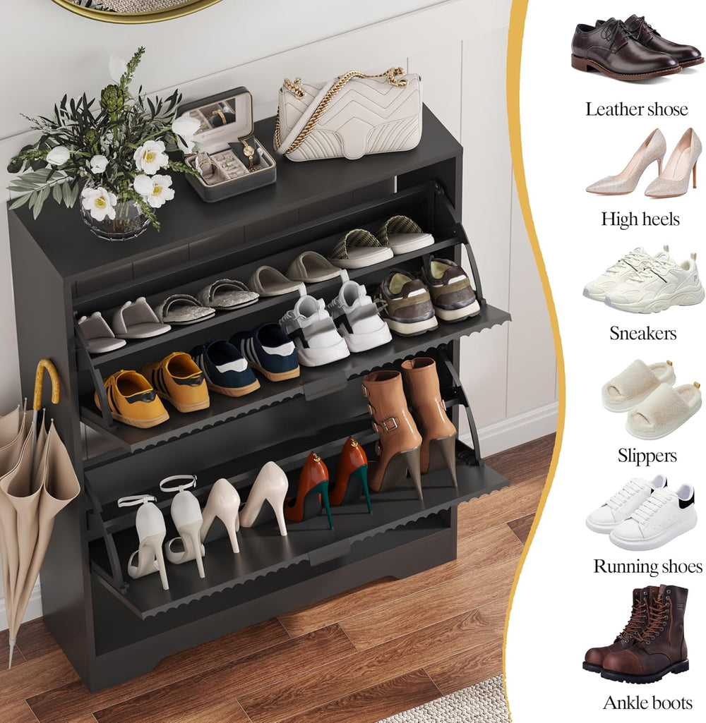 HUANLEGO Shoe Cabinet Storage for Entryway with 2 Flip Drawers, Black Fluted ...