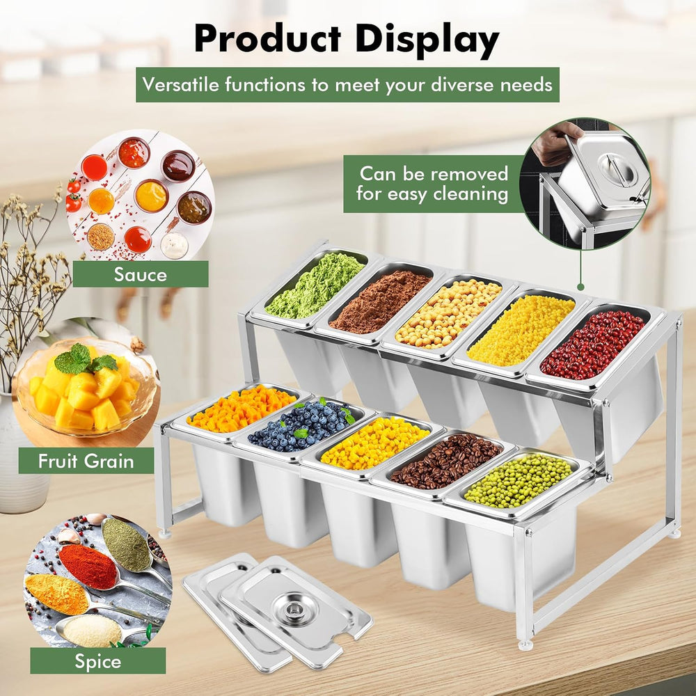 Expandable Spice Rack Organizer, Stainless Steel with 10 Buckets & Lids
