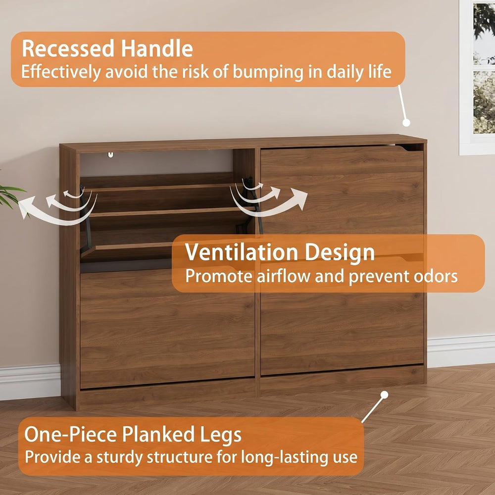 Walnut Hidden Shoe Storage Cabinet for Entryway with 4 Flip Drawers