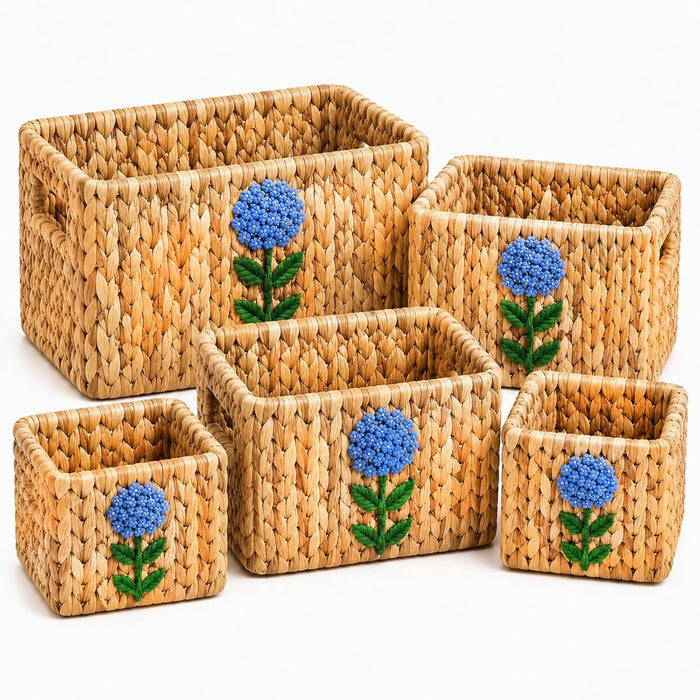 Water Hyacinth Woven Decorative Baskets - Pantry Organizers and Storage | Set of 5 Handwoven Organizer Bins with Hand-Embroidered Flower, Built-in Handles, Shelf Baskets for Nursery, Bathroom