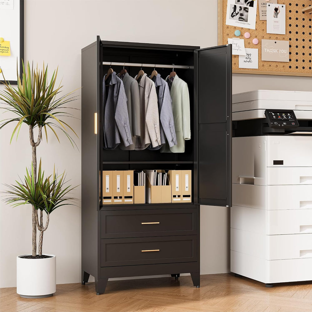 COFaR Black Metal Wardrobe Closet with 2 Drawers, 71" Steel Armoire Cabi...
