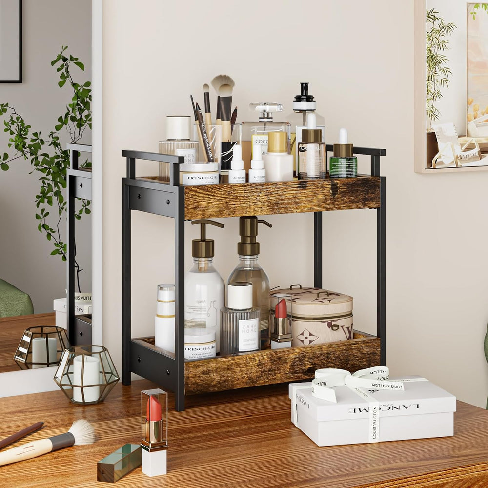 KLM Countertop Coffee Station Organizer, 2 Tier Wooden Shelf for Coffee Bar A...