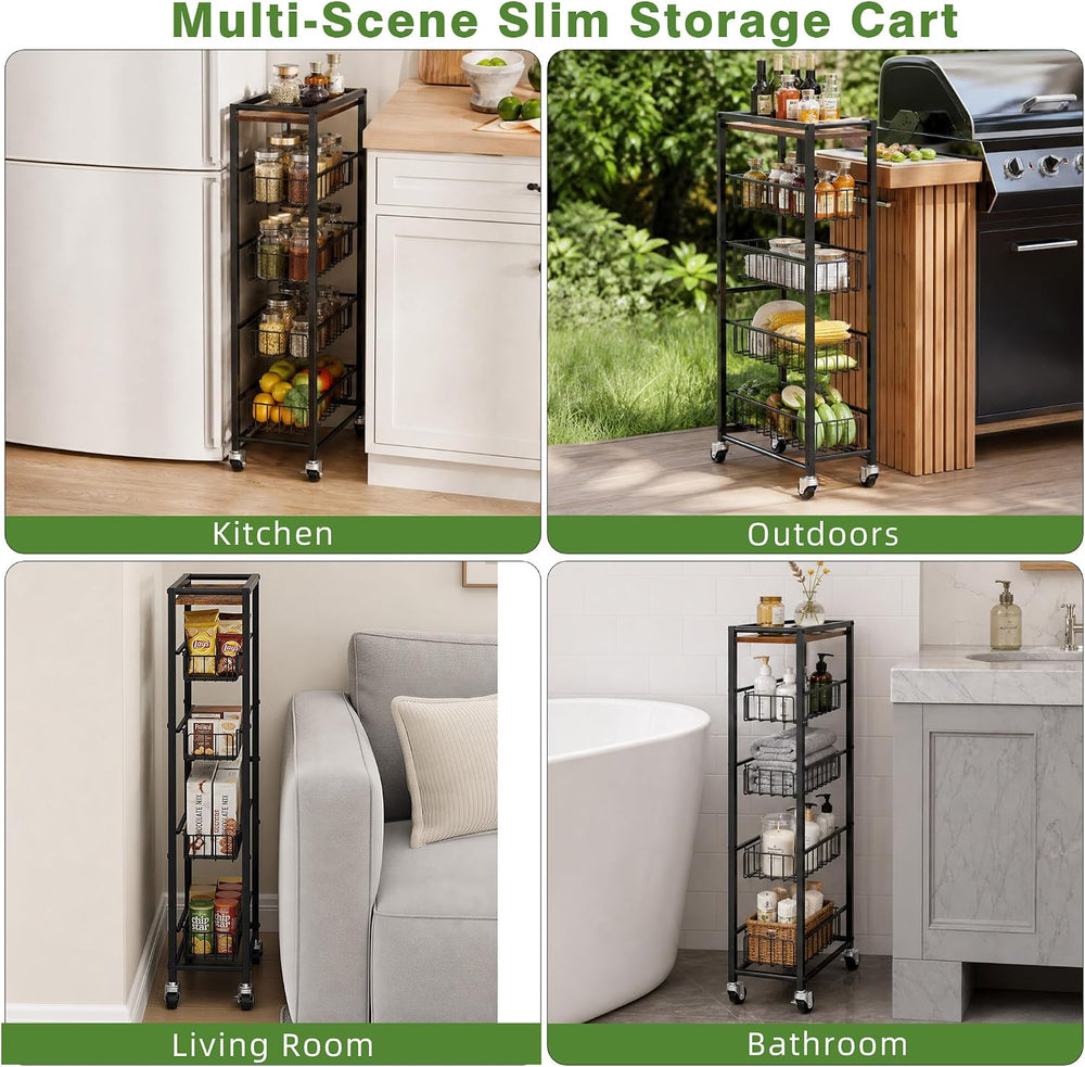 5-Tier Slim Rolling Cart Kitchen Utility Cart, Narrow Kitchen Cabinet with 4 ...