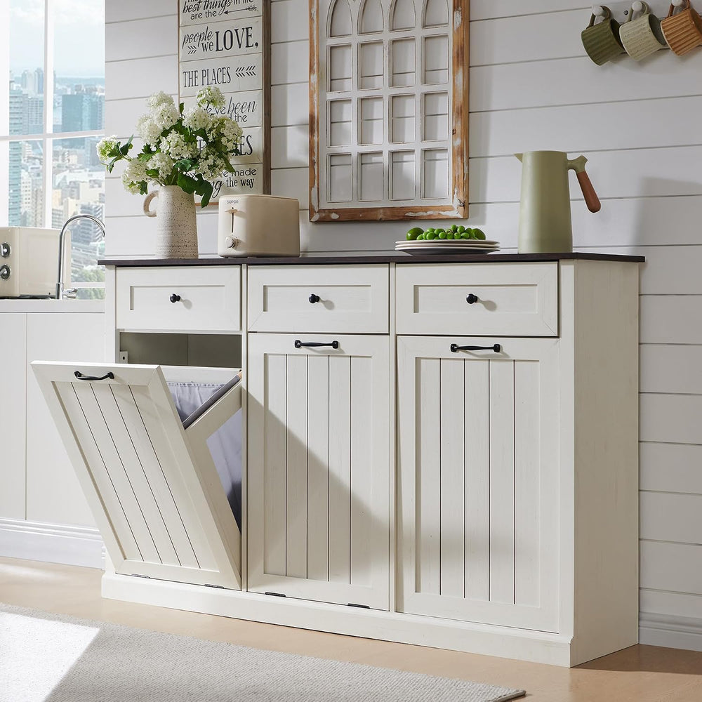 IFBUY Triple Tilt Out Laundry Hamper Cabinet, Trash Cabinet, Antique White