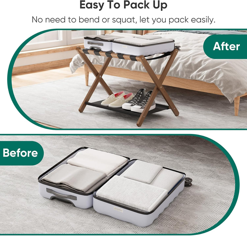 Smuxee Walnut Bamboo Luggage Rack Pack of 2, Foldable Suitcase Stand with Sto...