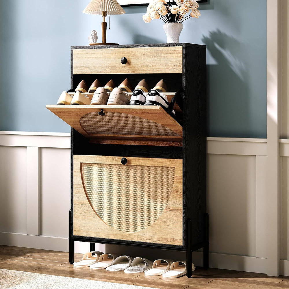 IRONCK Narrow Shoe Cabinet with 2 Flip Drawers and Rattan Doors, Black