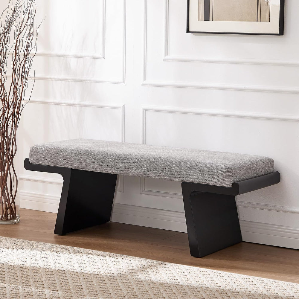 47.2" Black Wood Bedroom Bench, Upholstered Entryway Bench, Linen