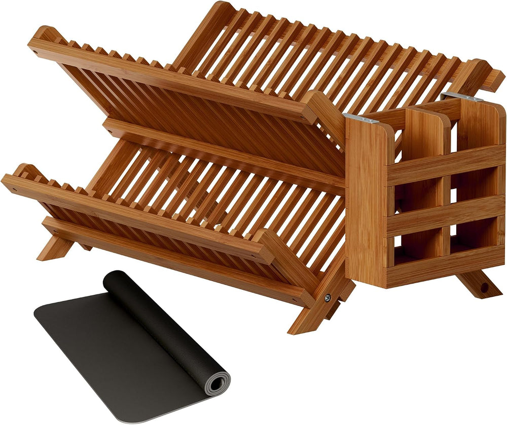 Greenual Teak Dish Drying Rack with Utensil Holder, 2 Tier Collapsible Dish R...