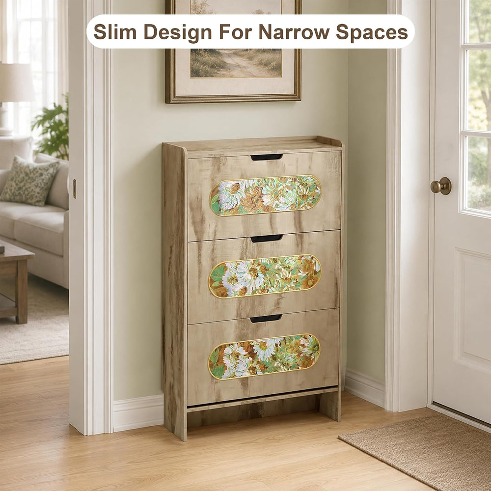 Shoe Cabinet with 3 Flip Drawers and Floral Fabric Panels, Light Oak