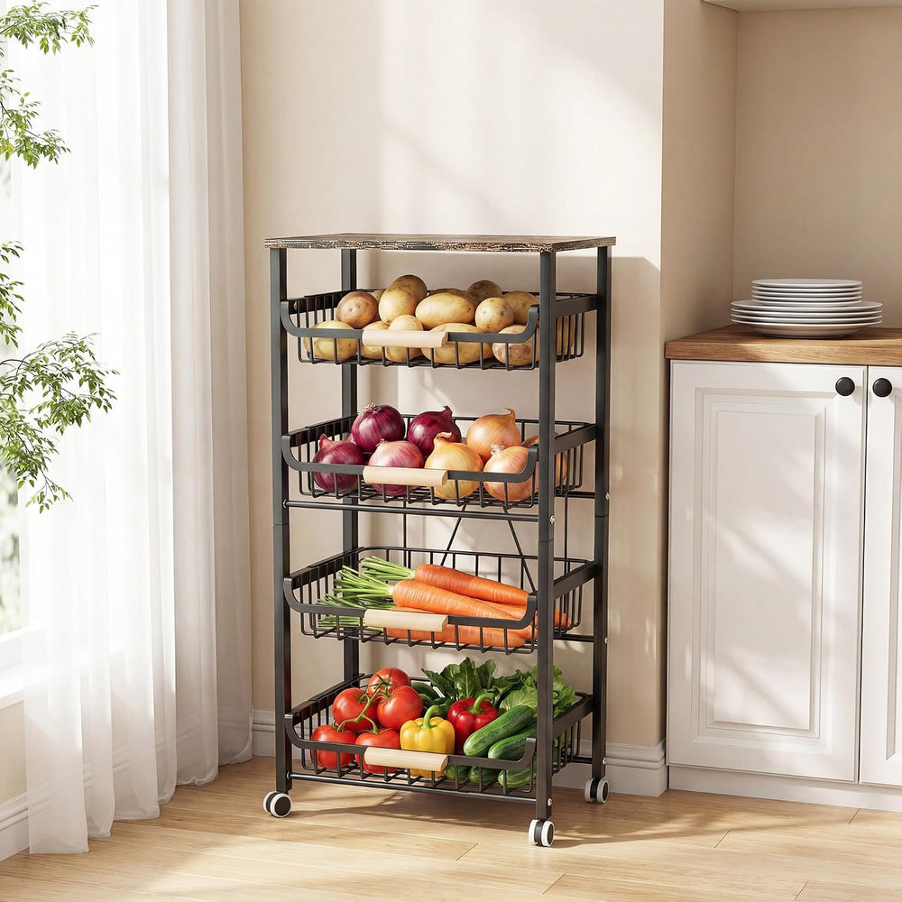 JAQ 5-Tier Fruit Vegetable Storage Cart with Wood Top, Rolling Kitchen Basket...