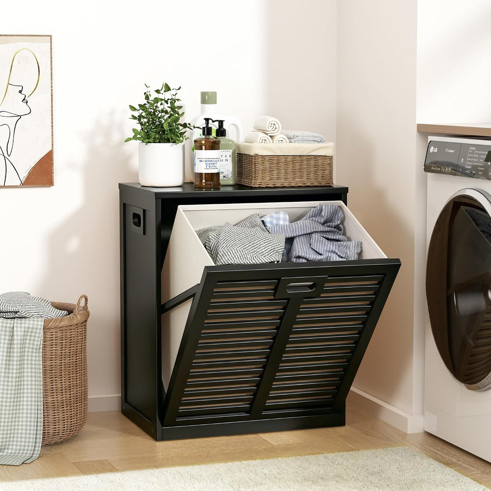 VASMIA Tilt Out Laundry Hamper, Bamboo Laundry Cabinet with Hidden Removable ...
