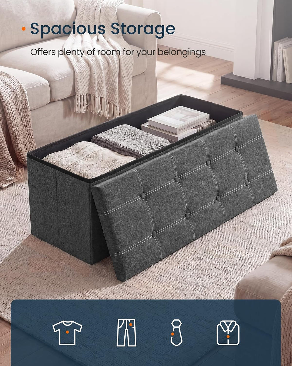 SONGMICS HOME Storage Ottoman, 35 Gallons End of Bench, 15.2 x 43.2 x 15.2 In...