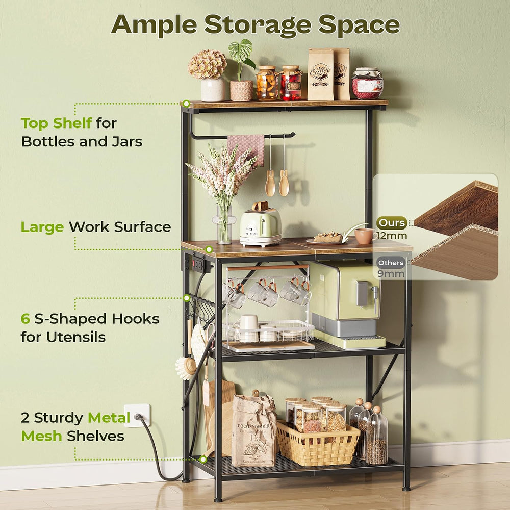 Huuger 4-Tier Bakers Rack with Reversible Power Outlet, 23.6 Inch Microwave S...