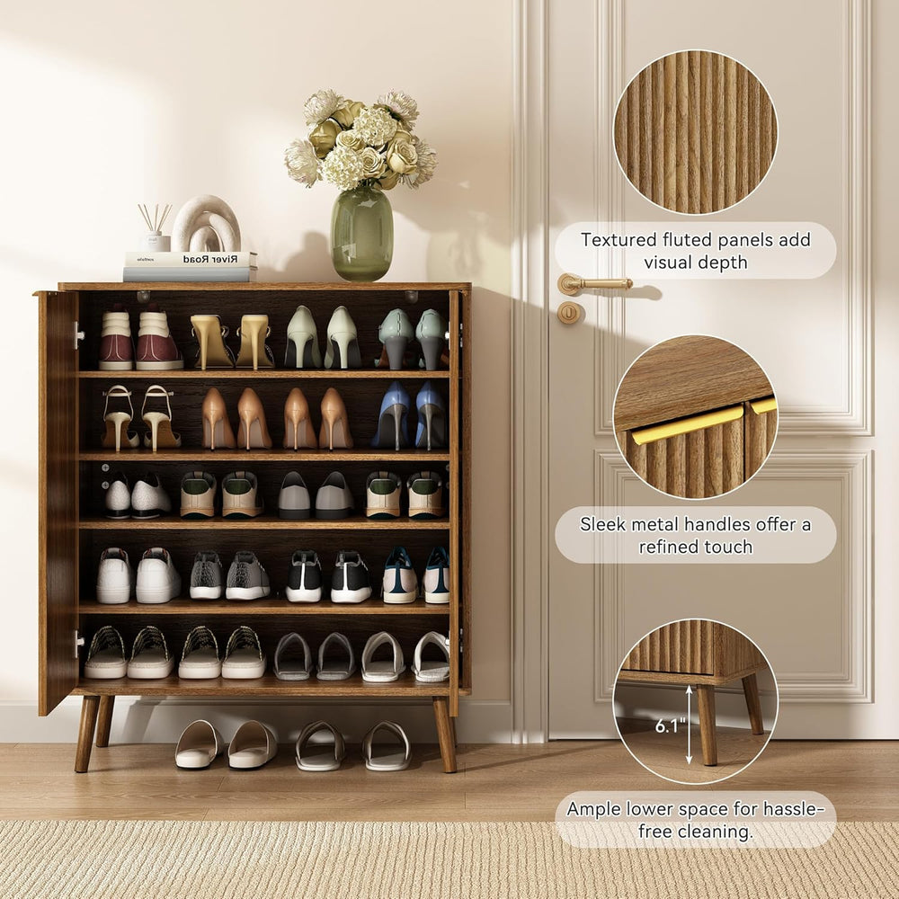 5-Tier Shoe Storage Cabinet with Adjustable Shelves, Natural Oak丨Fluted Shoe ...