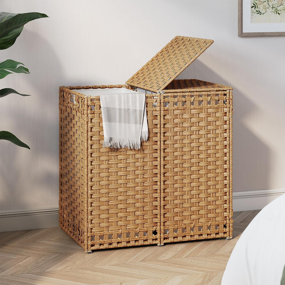 130L Foldable Laundry Hamper with Lid - Handwoven Rattan Storage Basket, 2-Se...