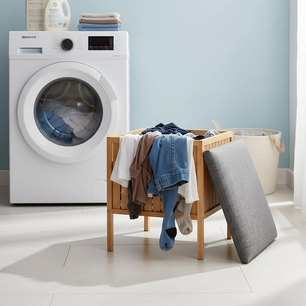 Relaxdays Bamboo Laundry Hamper with Padded Seat, Storage, Bathroom Stool, 52...