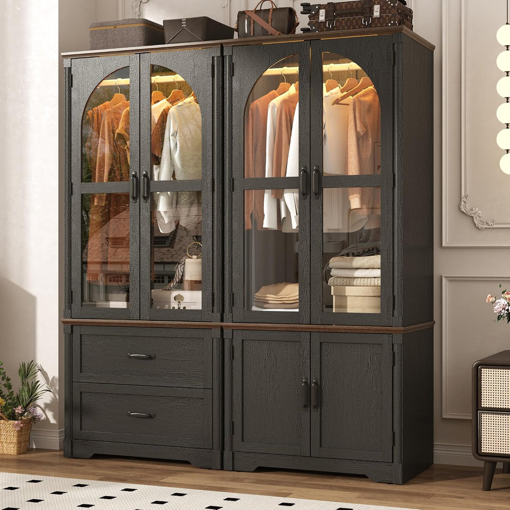 Tall Farmhouse 4 Doors Armoire Wardrobe Closet with LED ,72" Freestandin...