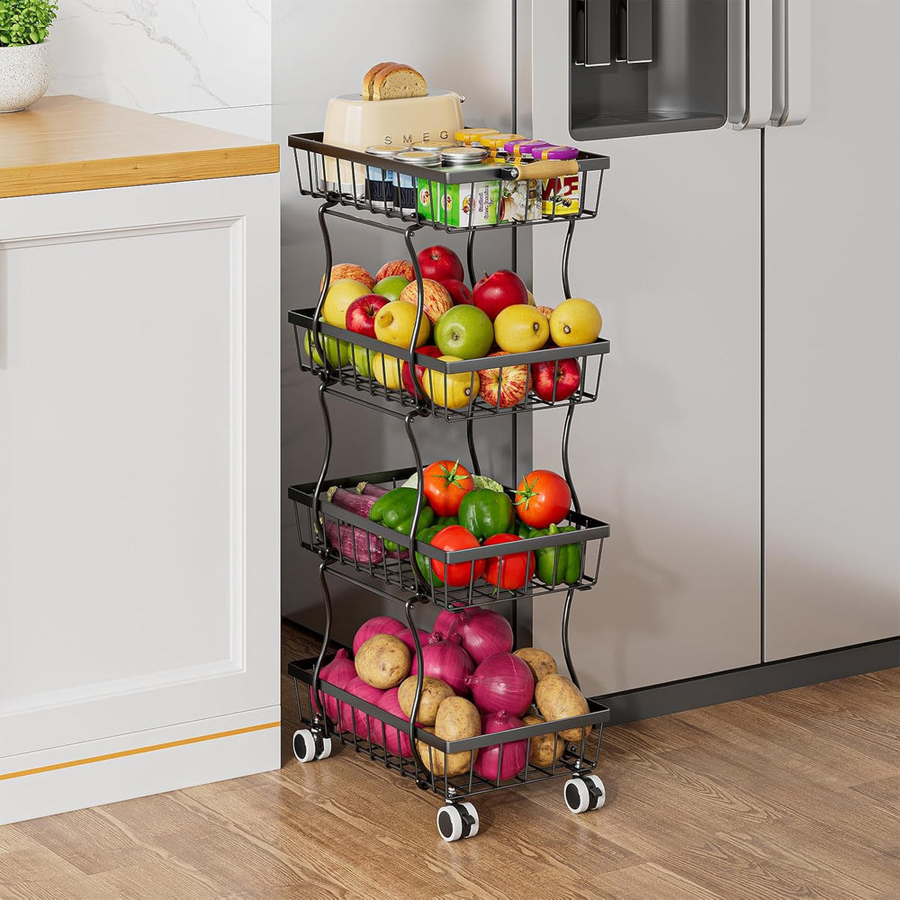 4 Tier Stackable Fruit Vegetable Storage Basket Kitchen Rolling Cart