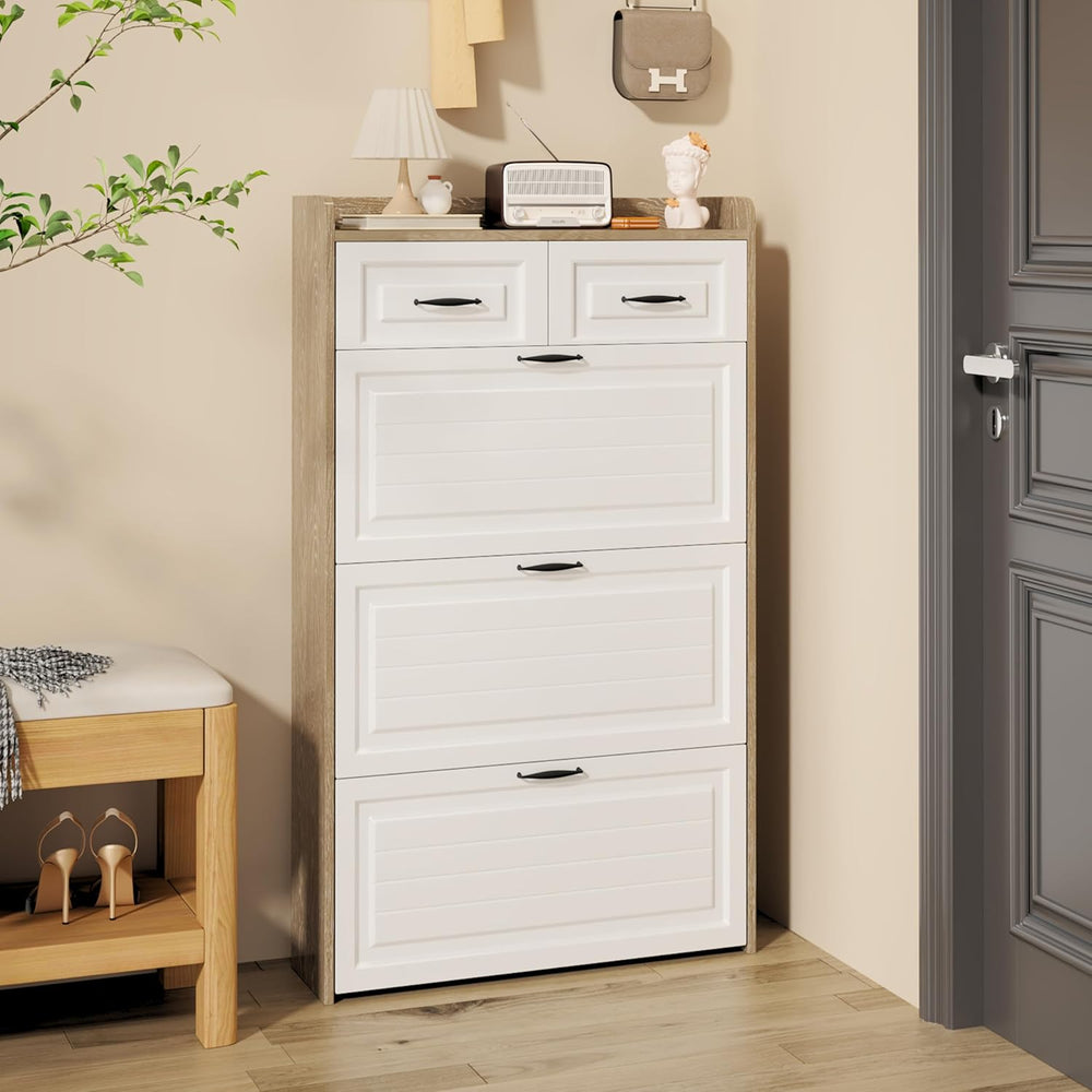 Shoe Cabinet with 3 Doors 2 Drawers, Wooden Narrow Shoe Storage Cabinet for E...